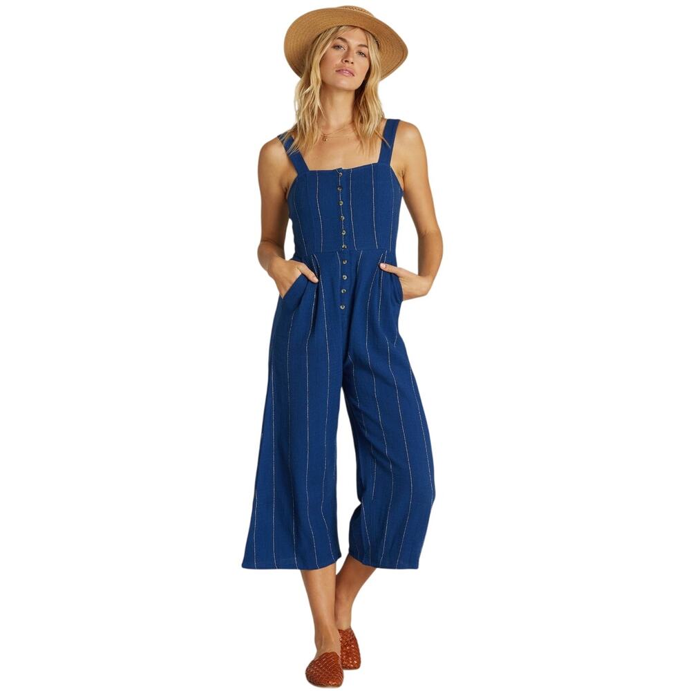 Billabong Paint The Town Jumpsuit XS Blue Striped Wide Leg Cotton Cropped